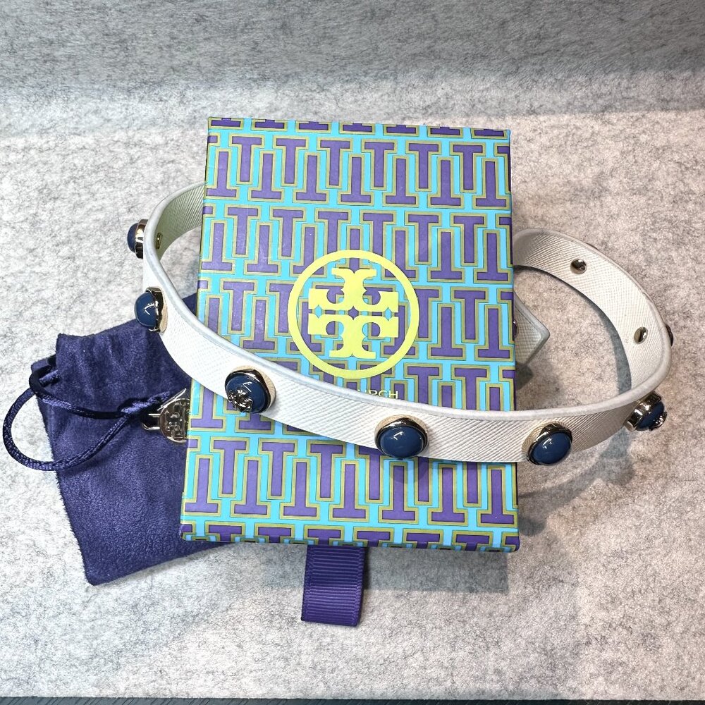 Tory Burch - Leather Double Wrap Blue Cabochon Logo Studded Bracelet